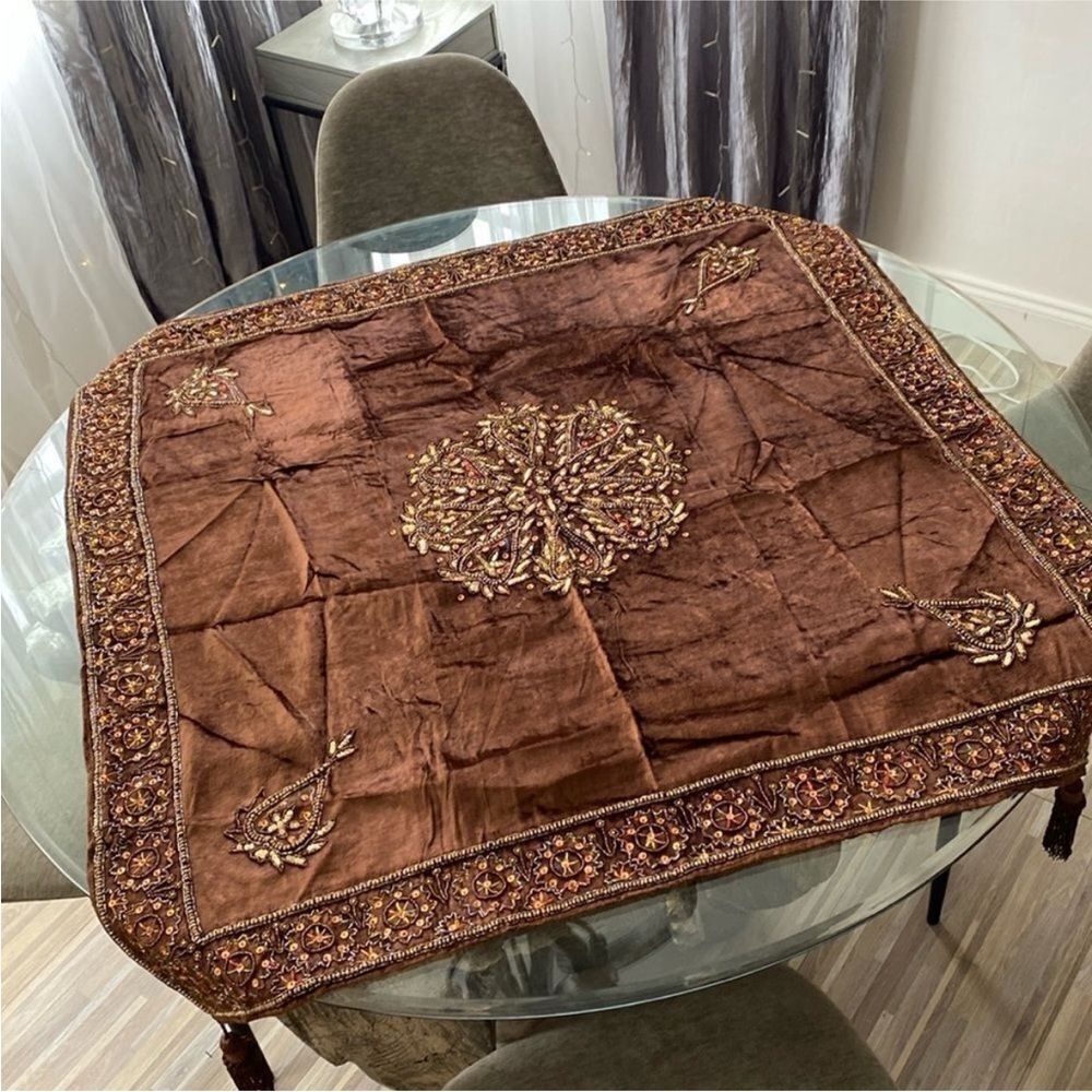 Elegant Brown Embroidered/embellished Tablecloth